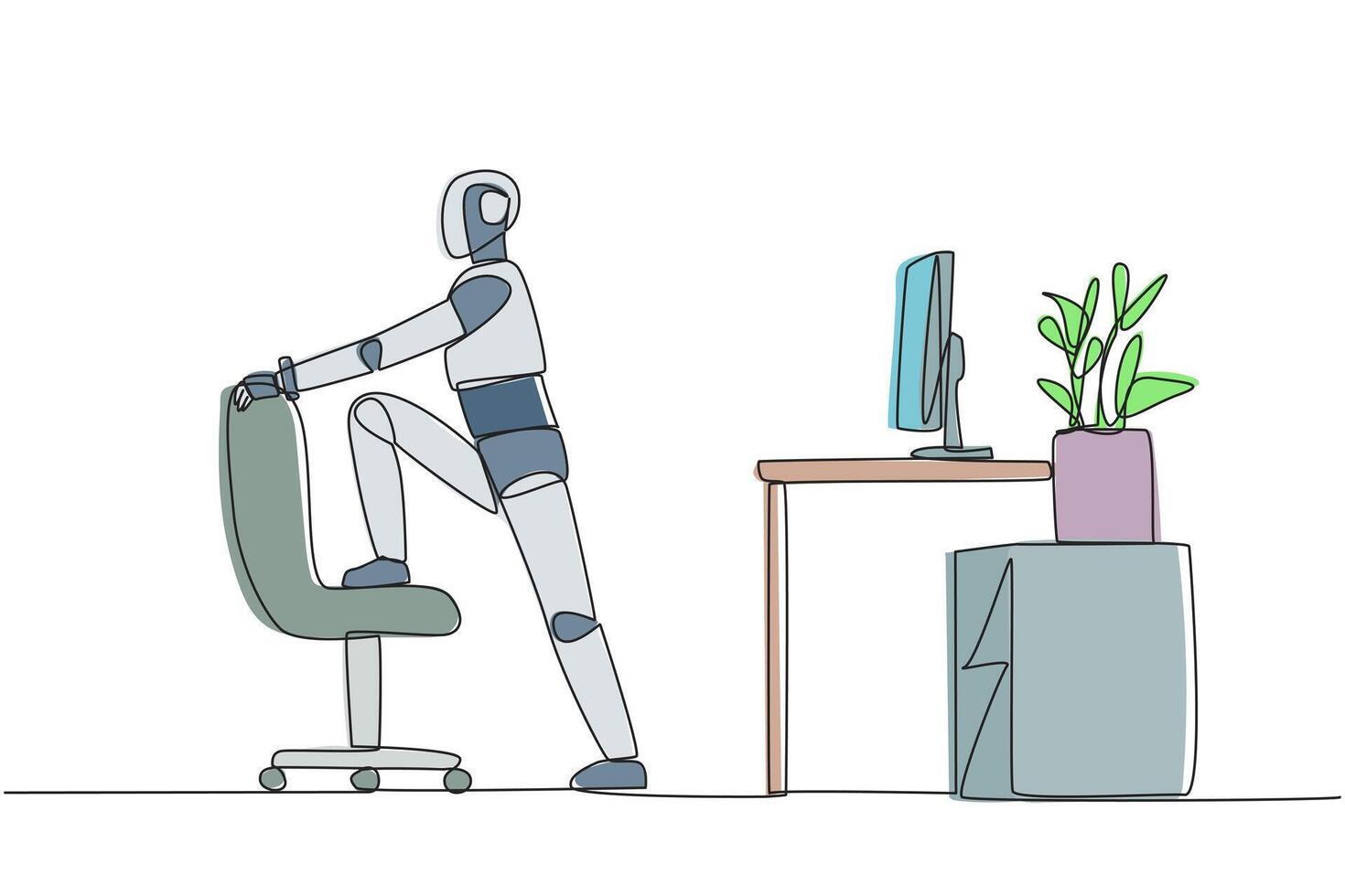 Continuous one line drawing robot stands while lifting one of his legs onto a chair. Robot exercising. Provide online guidance. Artificial intelligence. Single line draw design illustration vector
