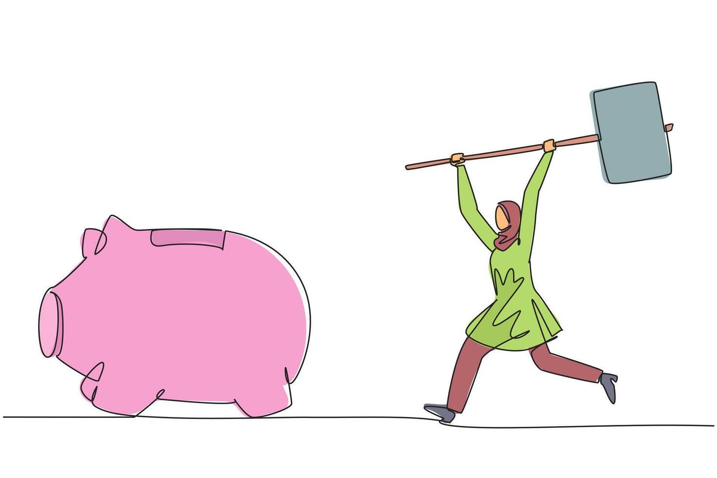Single one line drawing Arab businesswoman holding big hammer chasing big running piggy bank. Need more money. Digging into other saving. Financial problem. Continuous line design graphic illustration vector