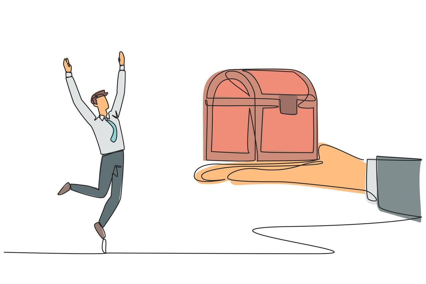 Single one line drawing businessman was excited to get the treasure chest from the giant hand. Prize is priceless. Getting antiques for free. Hard work. Continuous line design graphic illustration vector