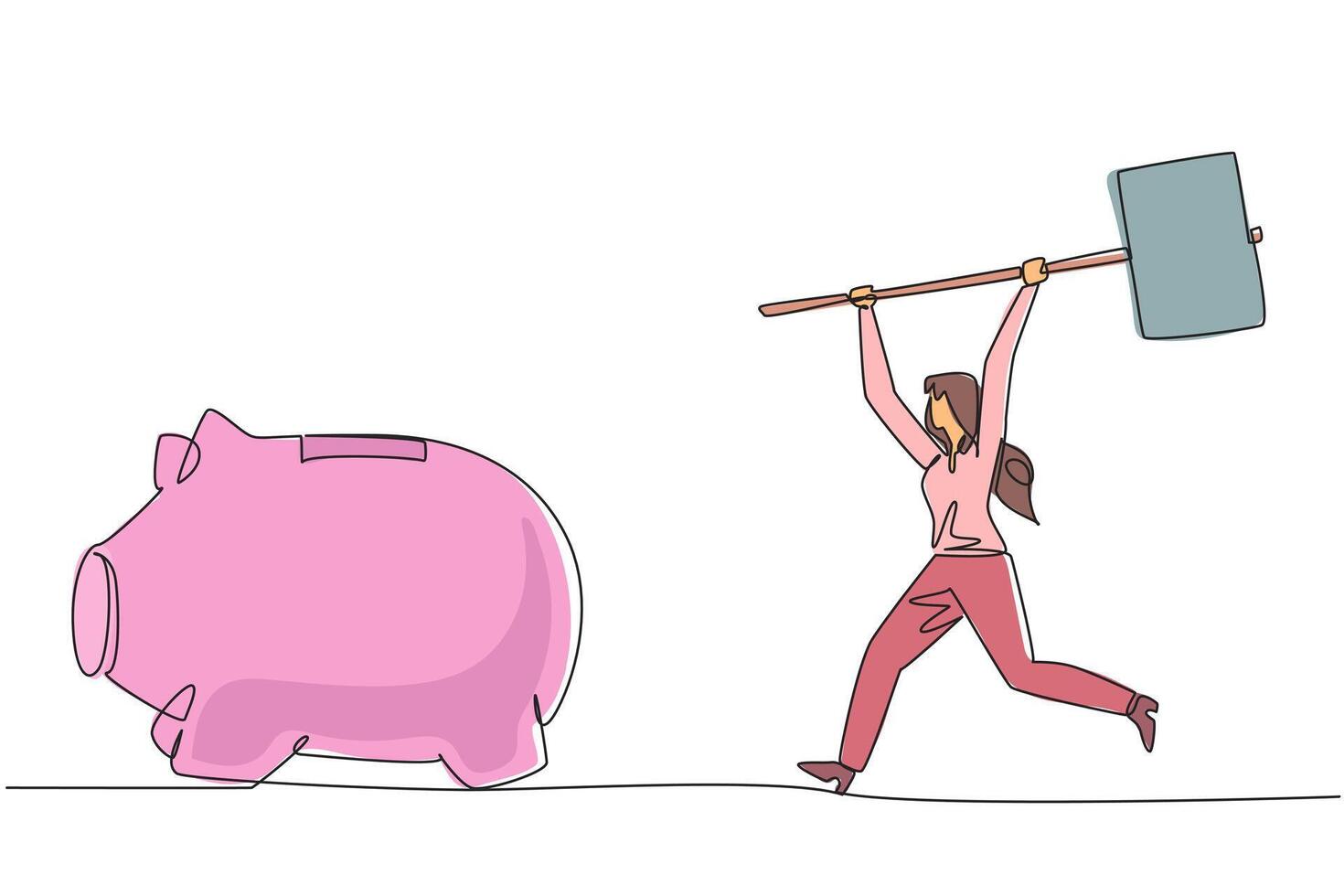 Continuous one line drawing businesswoman holding a big hammer chasing big running piggy bank. Looking for a solution. Cashing out investments. Problem. Single line draw design illustration vector