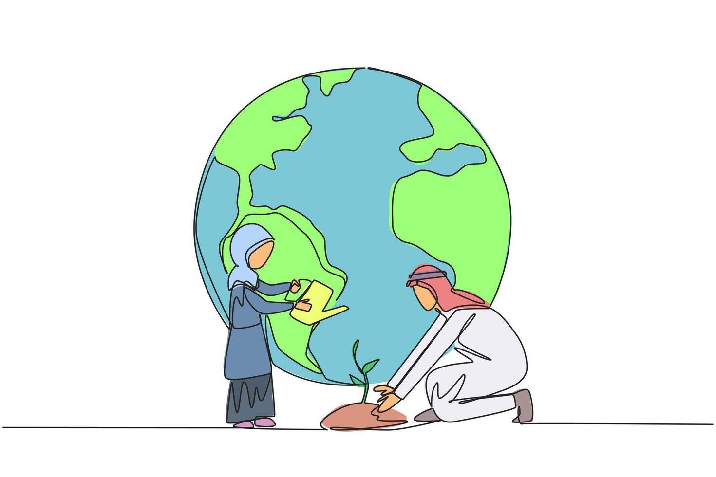 Continuous one line drawing Arabian girl standing watering plants. Encourage children to get used to caring for nature. Plant Trees. Make the earth greener. Single line draw design illustration vector