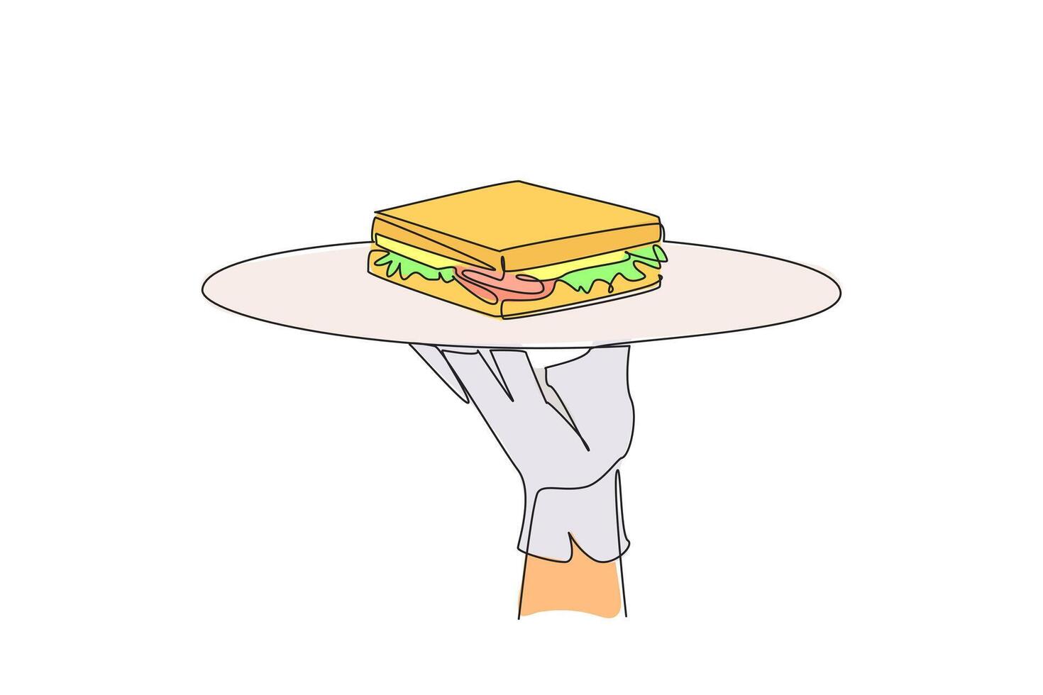 Single continuous line drawing the waiter holds a food tray serving sandwiches. Ease of creation. Family favorite healthy food. Vegetables. Meat. Cheese. Delicious. One line design illustration vector