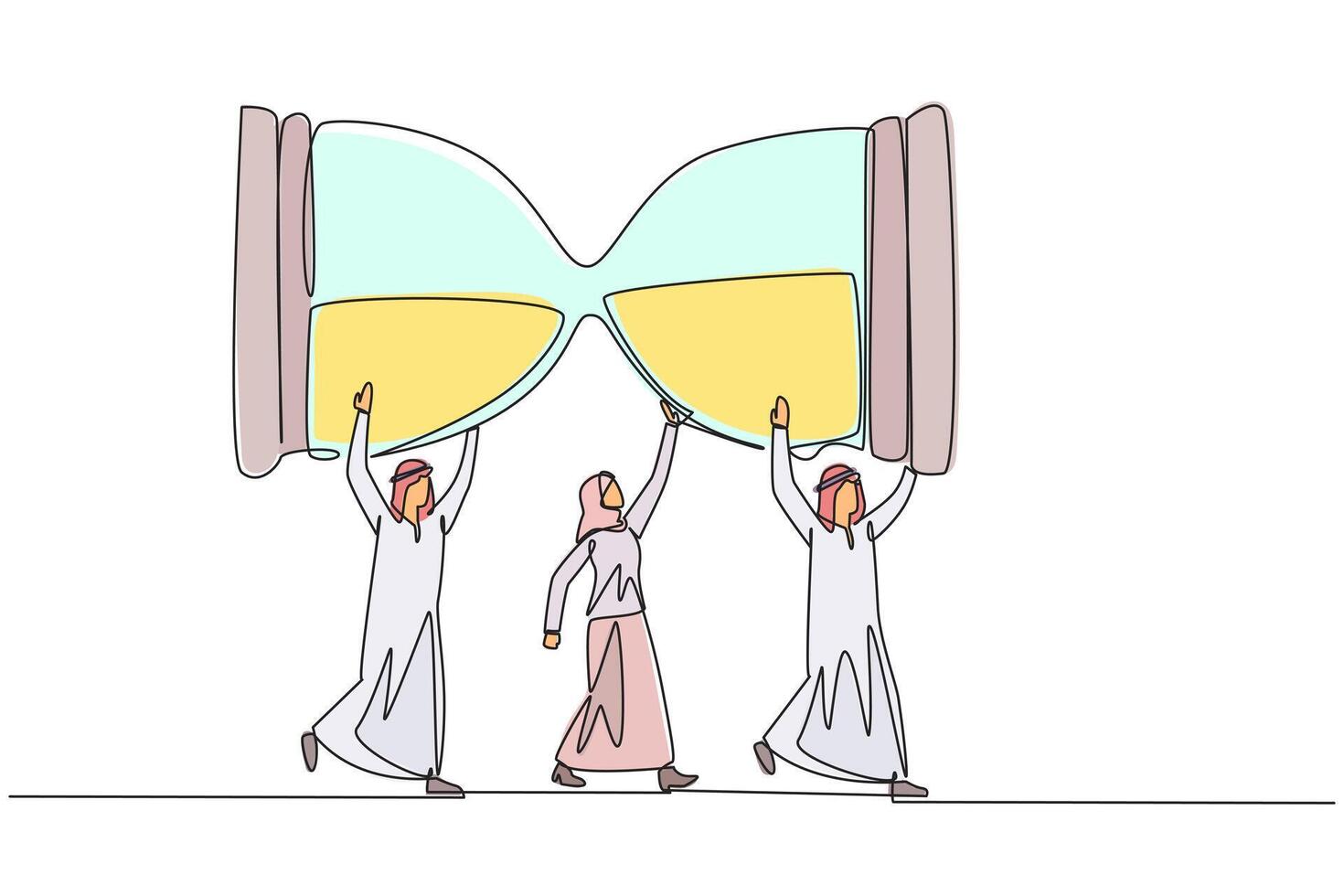 Continuous one line drawing a group of Arab businessmen and Arab businesswomen work together to carrying an hourglass. A reminder. Countdown. Classic. Single line draw design illustration vector