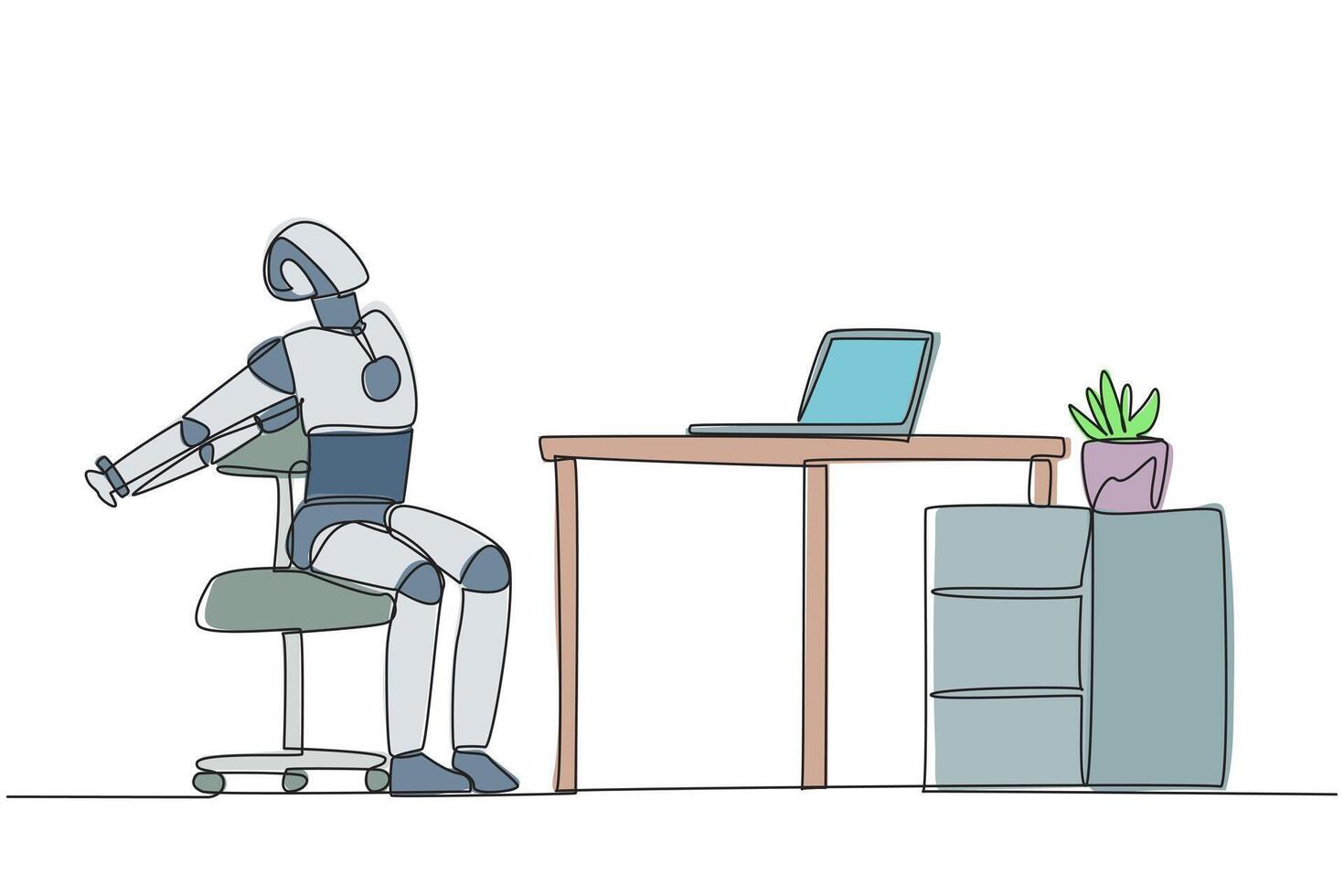 Single continuous line drawing robot sitting in work chair stretching arms behind back. Stretching robot. Programmed like humans in general. Future technology AI. One line design illustration vector