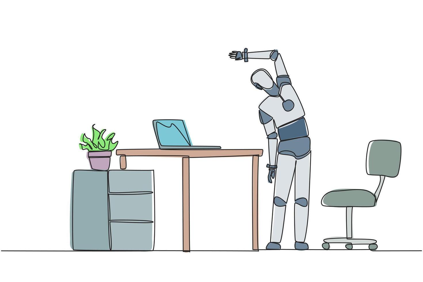 Single one line drawing robot stands while raising one hand and tilting body. A robot that is smart at exercising. Artificial intelligence. Future tech. Continuous line design graphic illustration vector