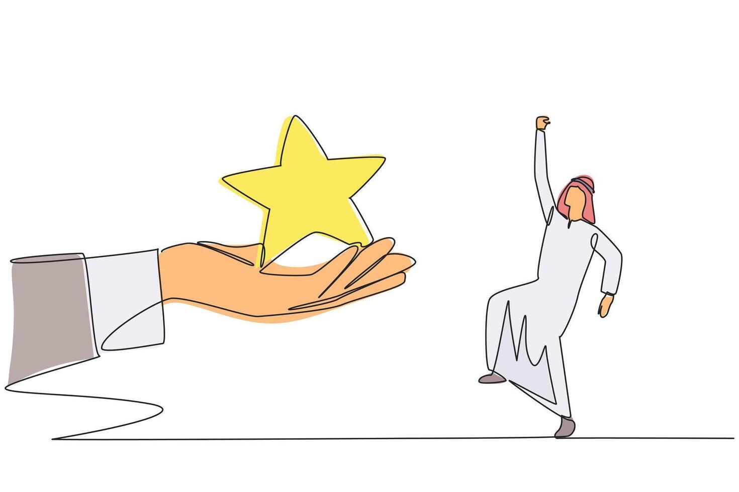 Single continuous line drawing Arabian businessman was happy to get a star from the giant hand. Board of directors trust. Become an exemplary employee this year. One line design illustration vector