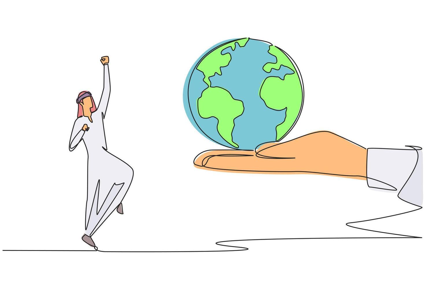 Single continuous line drawing Arabian businessman is excited to get the globe from giant hand. Good news. Dissemination of profits achieved. Expand profits. Pride. One line design illustration vector