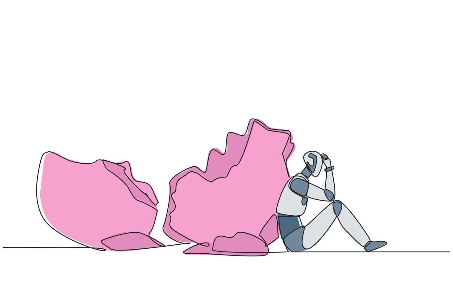 Single one line drawing a robot sit slump next to a large, destroyed big piggy bank. Artificial intelligence is in danger of failing. Bankrupt. Future tech. Continuous line design graphic illustration vector