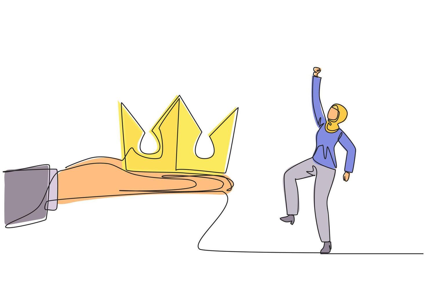 Single continuous line drawing Arabian businesswoman happy to get the crown from the giant hand. Throne. Prestige awards. Great trust. Build a business empire. One line design illustration vector