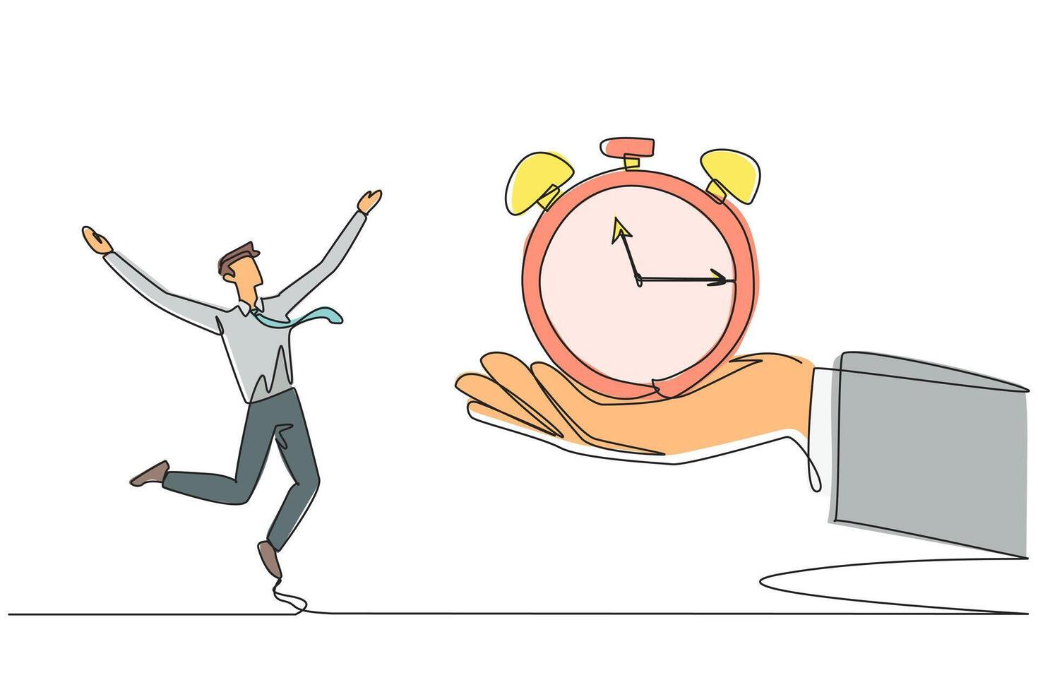 Single one line drawing the businessman was excited to get alarm clock from a giant hand. Most important gift. Work as best as possible. Time will follow. Continuous line design graphic illustration vector