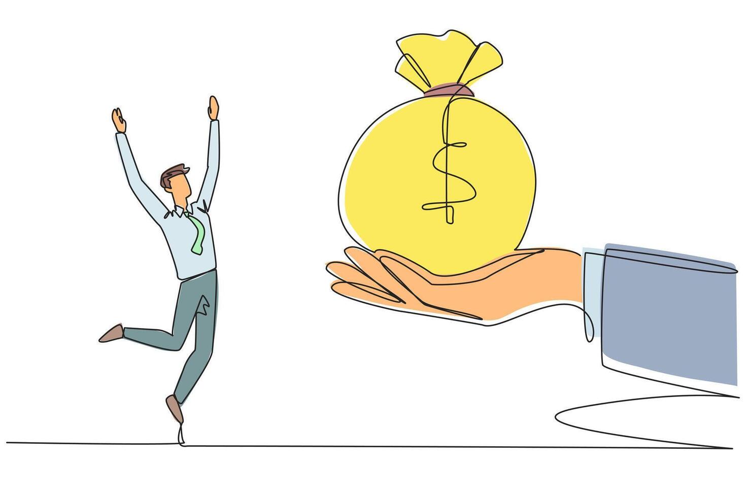 Continuous one line drawing businessman was excited to get money bag from giant hand. Important prize. Smart work that brings benefits. Get company income. Single line draw design illustration vector