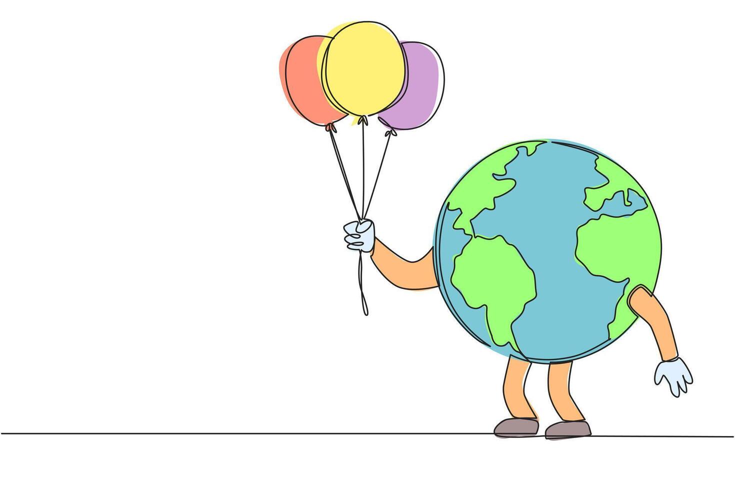 Continuous one line drawing globe holds several balloons. The clean air of the earth brings joy to everyone. Take care of the earth wherever and whenever. Single line draw design illustration vector
