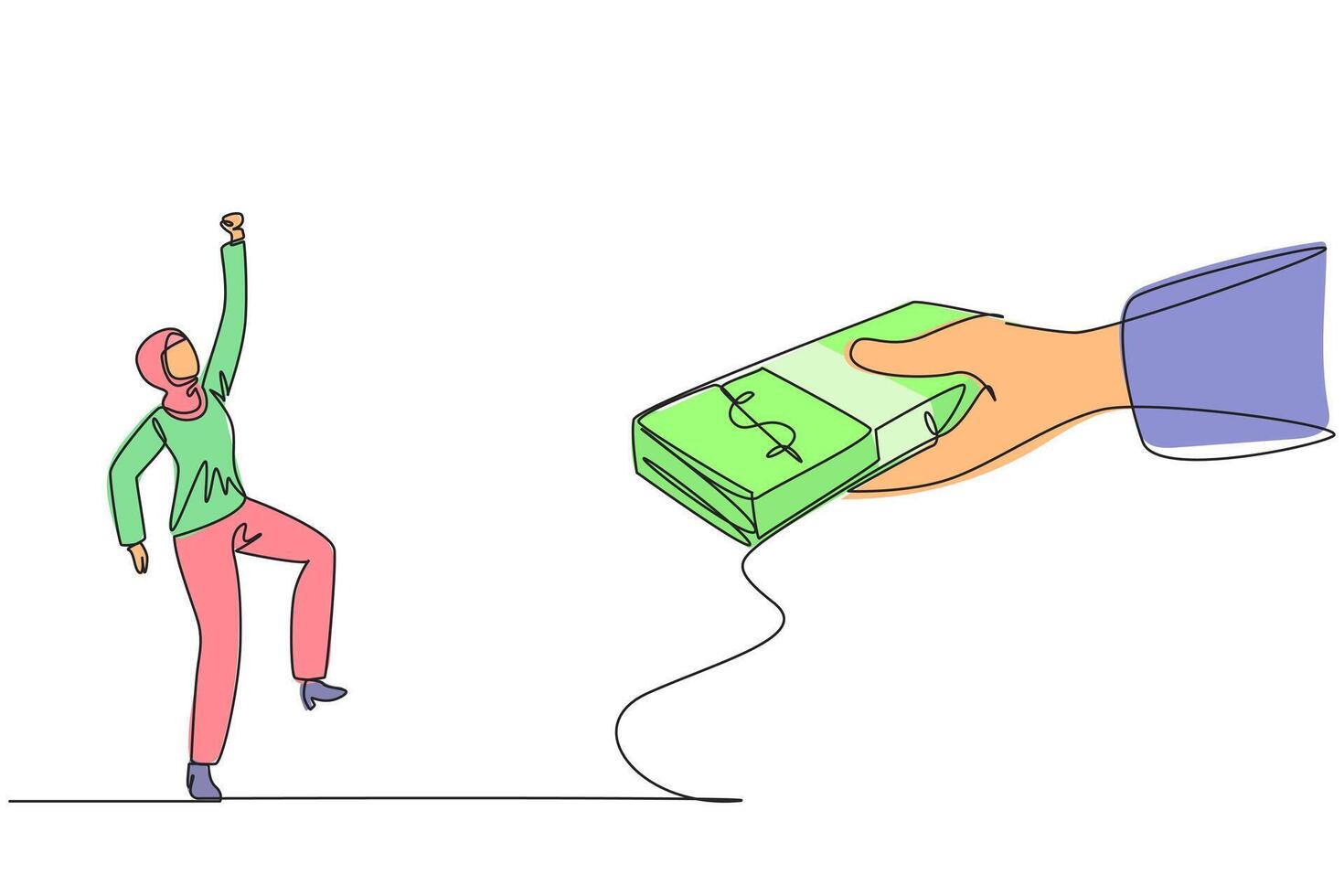 Single continuous line drawing Arabian businesswoman excited to get a stack of banknotes from giant hand. Symbol of success. Lots of bonuses. Money is plentiful. One line design illustration vector