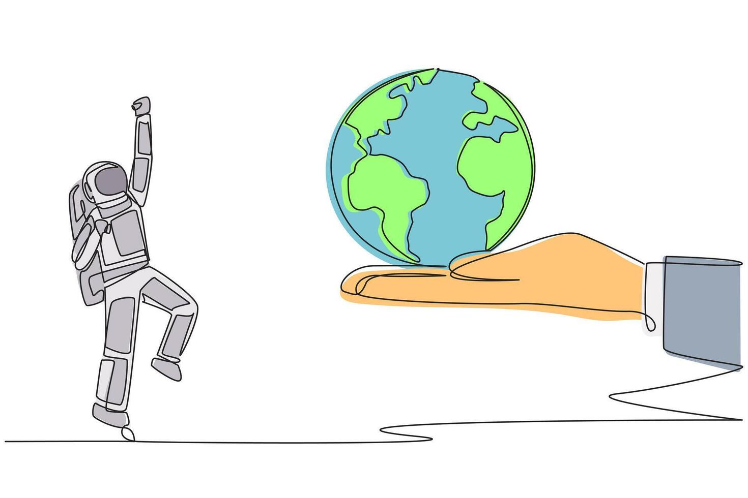 A hand holding a globe and an astronaut standing on it vector