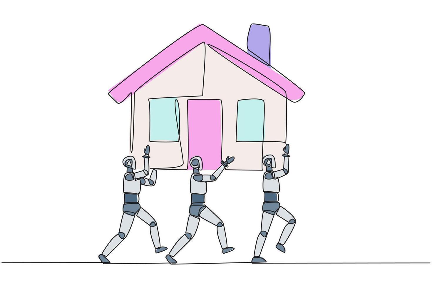 Single one line drawing group of robots work together carrying a miniature house. Architect robot. Design and build a house. Double profit. Technology. Continuous line design graphic illustration vector
