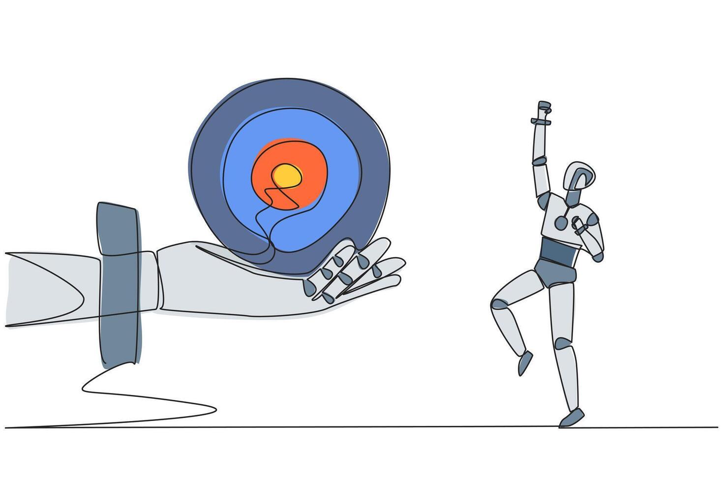 Single continuous line drawing robot was excited to get the arrow target board from a giant hand. Train focus. Hit the target exactly. Future technology concept. One line design illustration vector