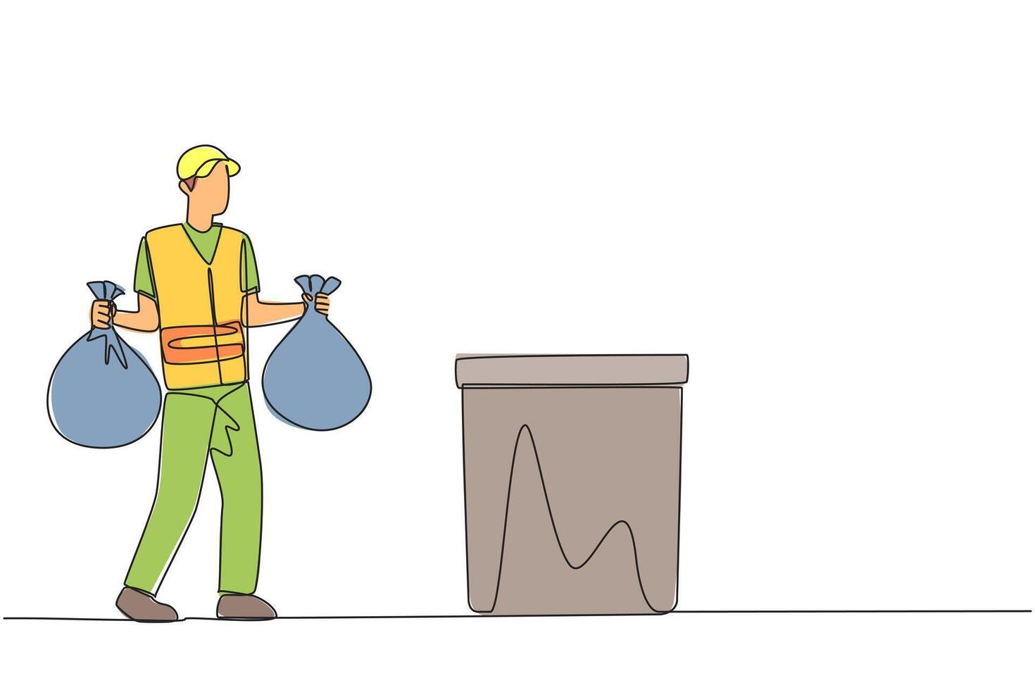 Single continuous line drawing trash man carrying two plastic trash bags. Clean more thoroughly. Clean environment, fresh air, avoid disease. Environmental care. One line design illustration vector