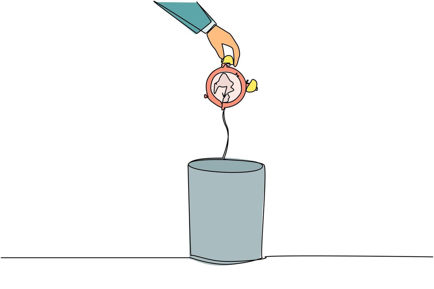 Single continuous line drawing businessman's hand throwing away a broken alarm clock. Able to work effectively and efficiently. Able to utilize time. Time is money. One line design illustration vector