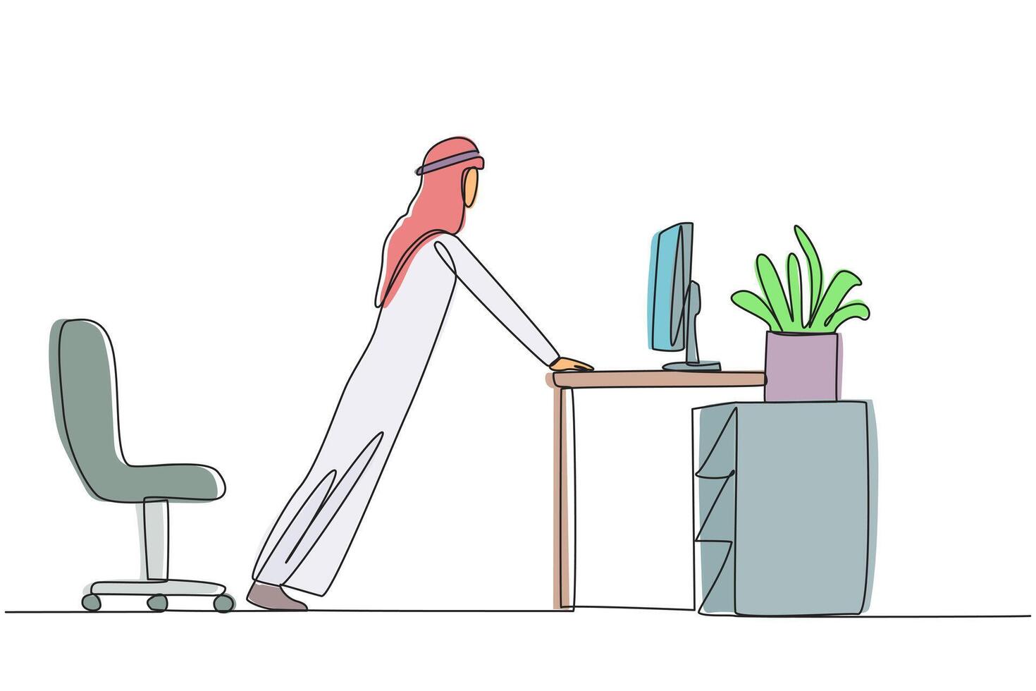 Single continuous line drawing Arabian man do push up movements by holding edge of work table. Stretching. Eliminates nervousness. Exercise at the office. Overtime. One line design illustration vector
