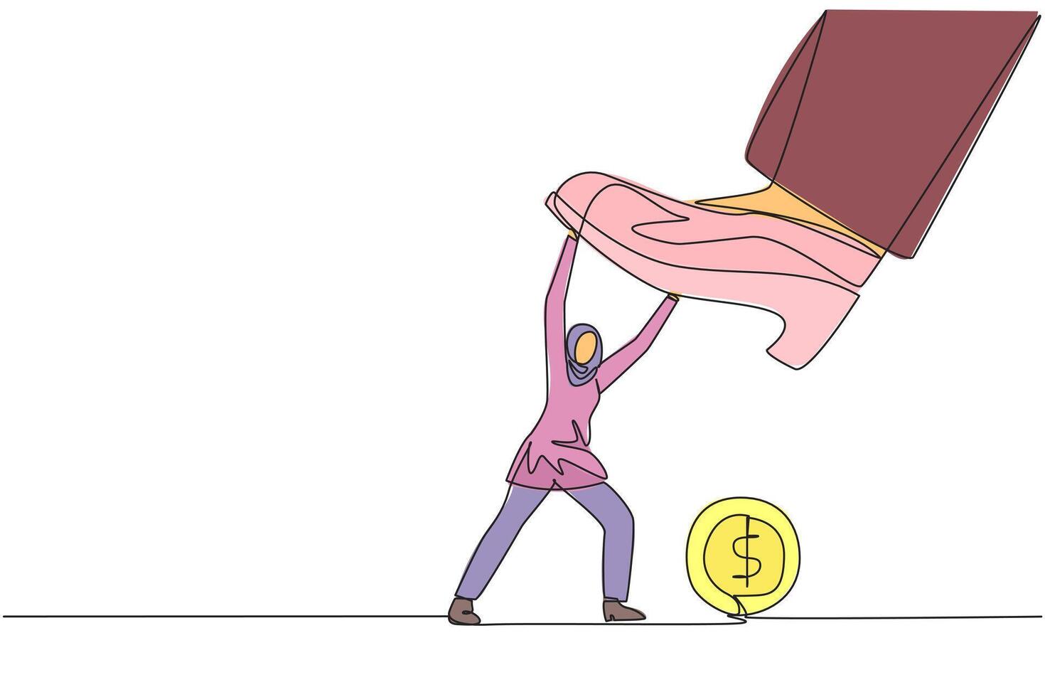 Single continuous line drawing Arab businesswoman holds back giant foot wants to step on coin with dollar symbol. Courageous action to resist arbitrary authority. One line design illustration vector