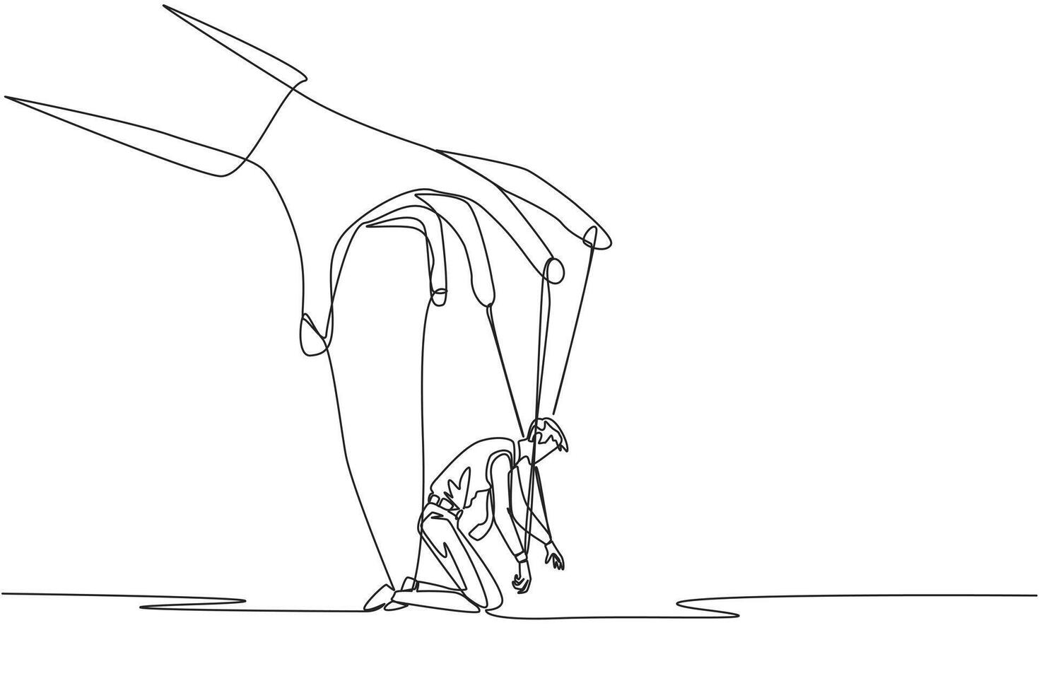Single continuous line drawing businessman kneeling, entire body bound by ropes controlled by giant hands. Mastered by the mastermind. Confused. Helpless. Puppet. One line design illustration vector