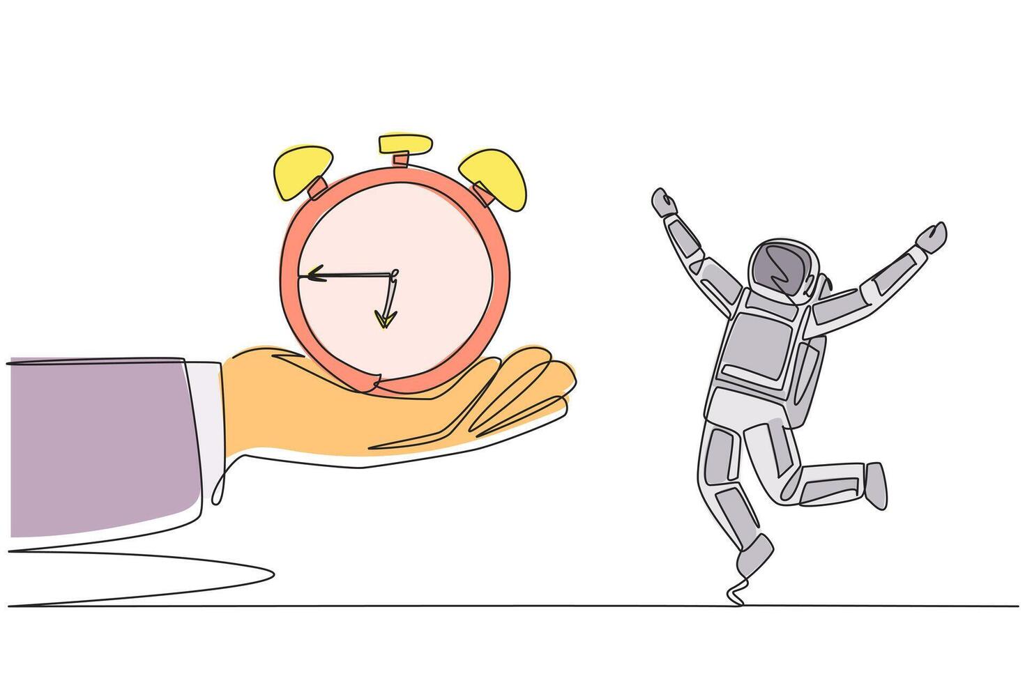An astronaut is jumping up and down while holding a clock vector