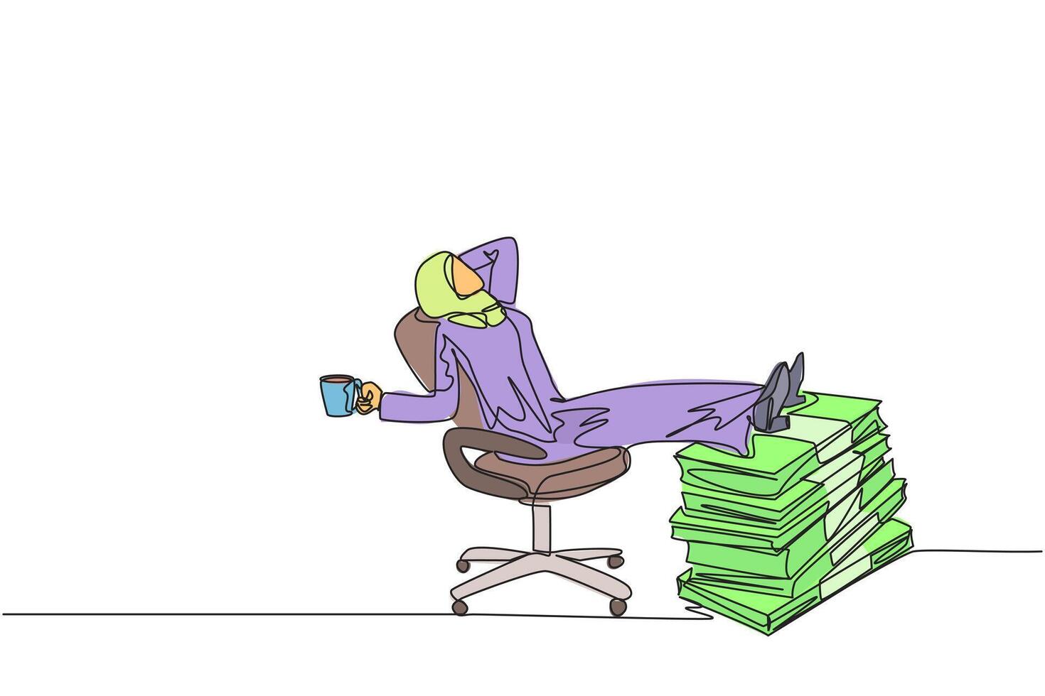 Single one line drawing Arab businesswoman sitting relaxed in work chair. Foot resting on stacks of banknotes. Enjoy the glory of doing business. Marvelous. Continuous line design graphic illustration vector