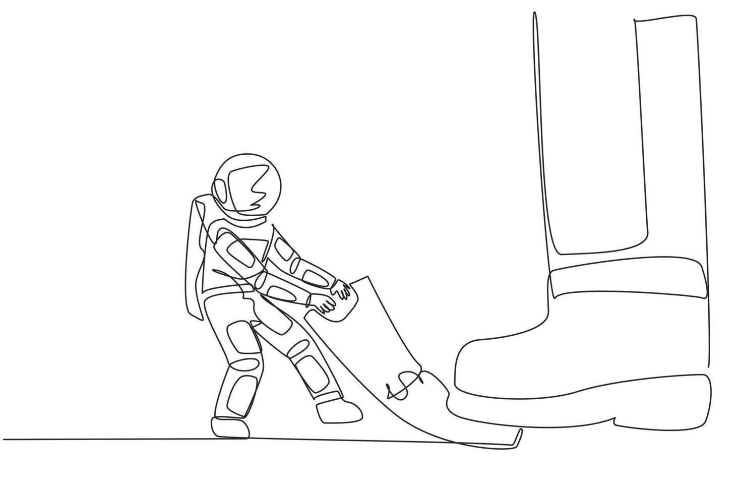 Single one line drawing astronaut pulling banknotes that were stepped on by giant foot. Forcibly withdraw some funds for space expedition. Galaxy concept. Continuous line design graphic illustration vector