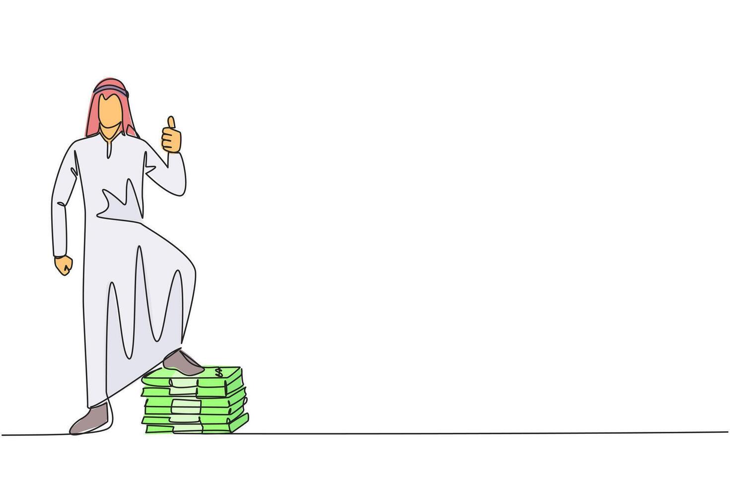Single continuous line drawing Arabian businessman stands with thumbs up pose and steps on stack of banknotes with one of foot. Marvelous feeling. Multiple profits. One line design illustration vector