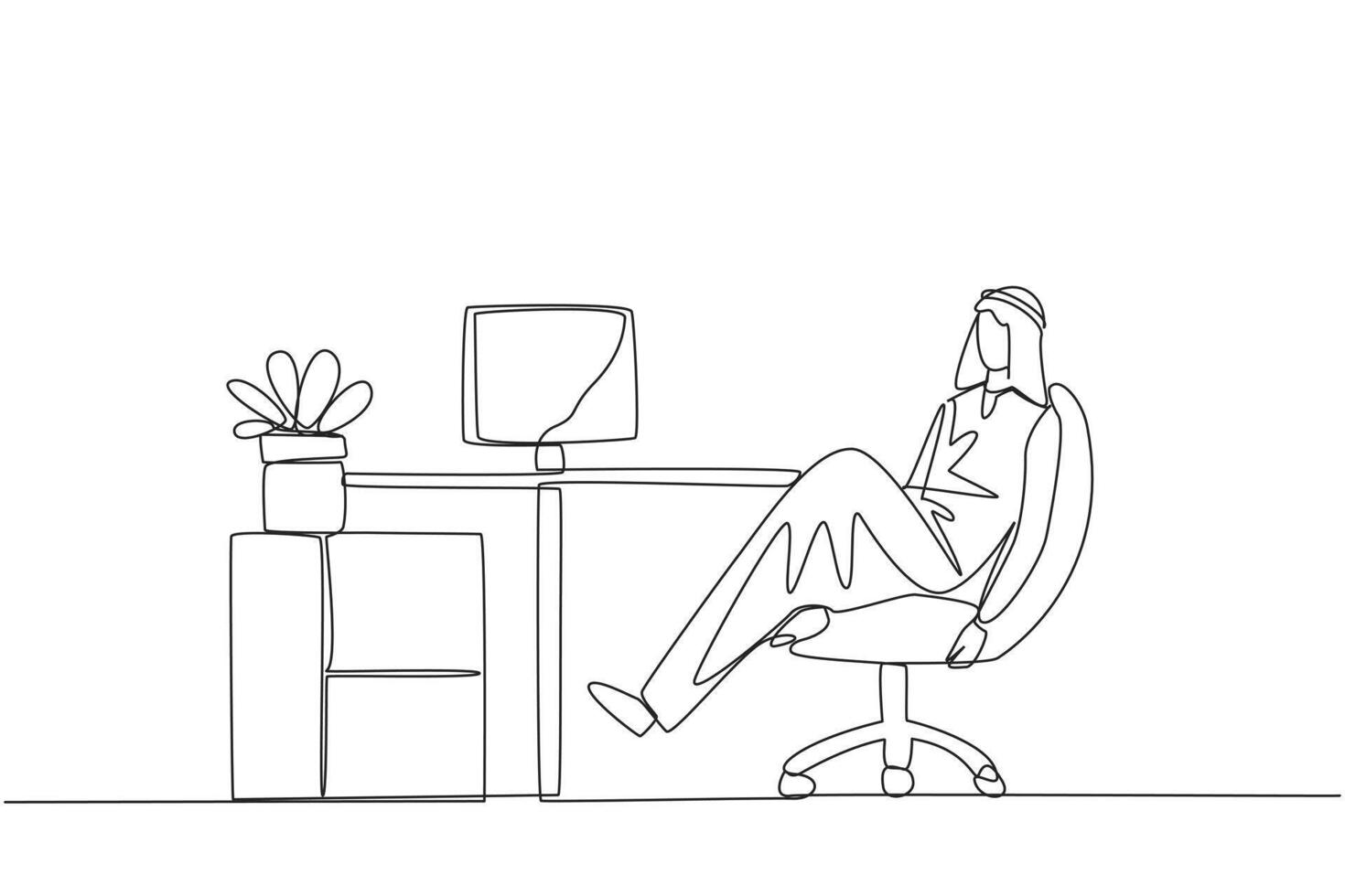 Single continuous line drawing Arab man sits in work chair with one of legs raised and folded. Take a break from busy overtime on weekend. Restore the mood. Hectic. One line design illustration vector