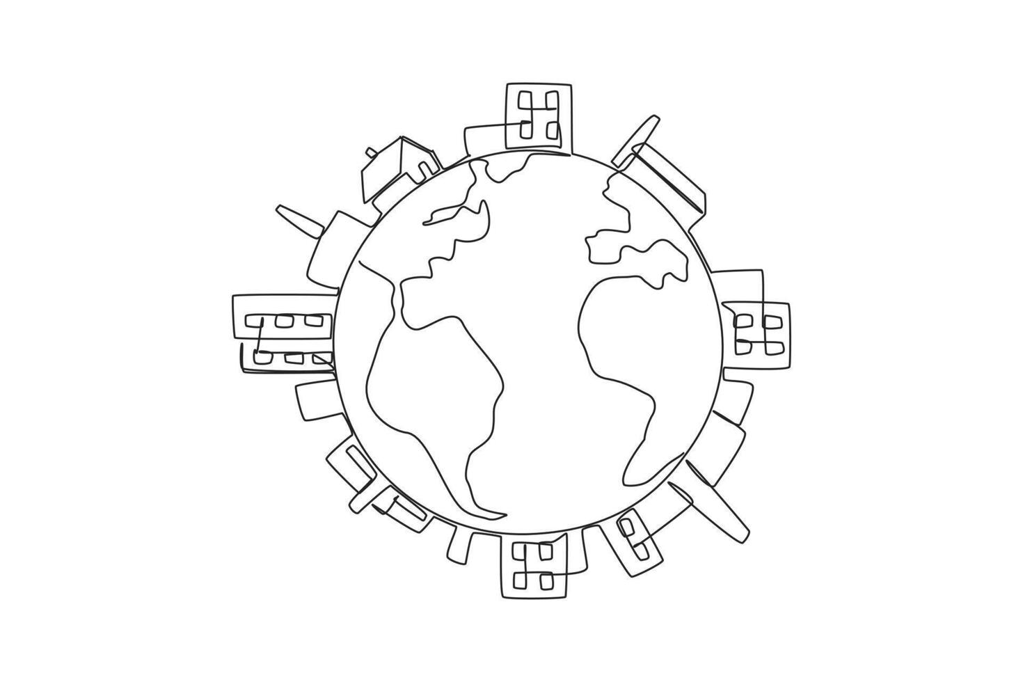Continuous one line drawing buildings surround edge of the globe. Industrial area. Mostly there is pollution. Take care of the earth as best as possible. Single line draw design illustration vector