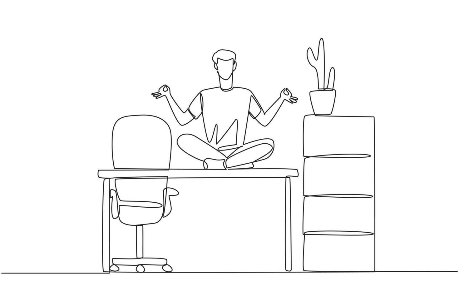 Single continuous line drawing man sitting cross-legged on a work desk. Round the fingers on both hands. Meditation to relax the mind. Work overtime on weekends. One line design illustration vector