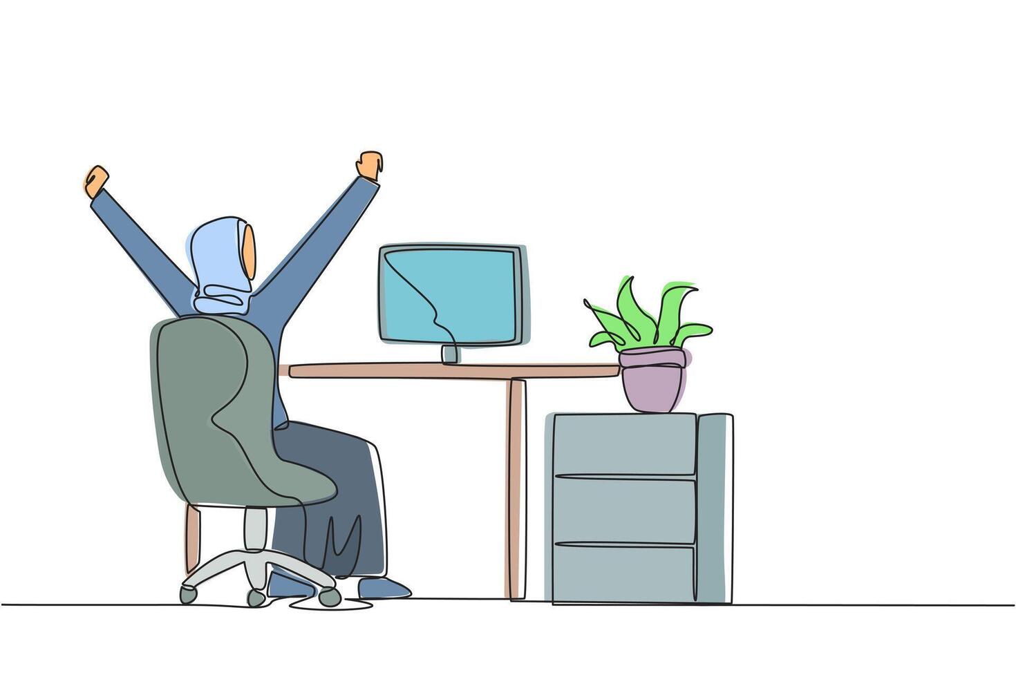 Single continuous line drawing Arab woman sit on chair opening and raising hands. Squirming raising hands up. Releasing fatigue. Stretching. Overtime on weekend. One line design illustration vector