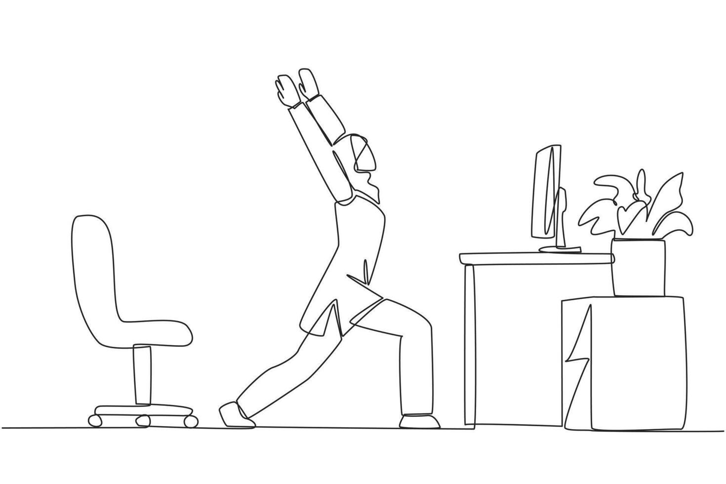 Single one line drawing Arabian woman stands with both hands raised and legs stretched. Stretching movements are much needed before work. Overtime. Hectic. Continuous line design graphic illustration vector