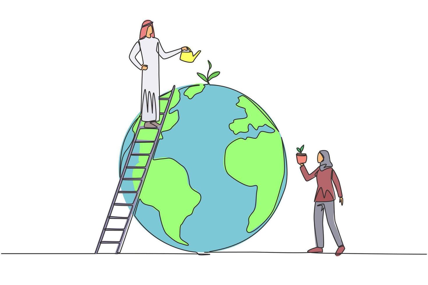Continuous one line drawing Arab man and woman work together to green the earth. Plant as many trees as possible. Reduce excess pollution. Protect earth. Single line draw design illustration vector