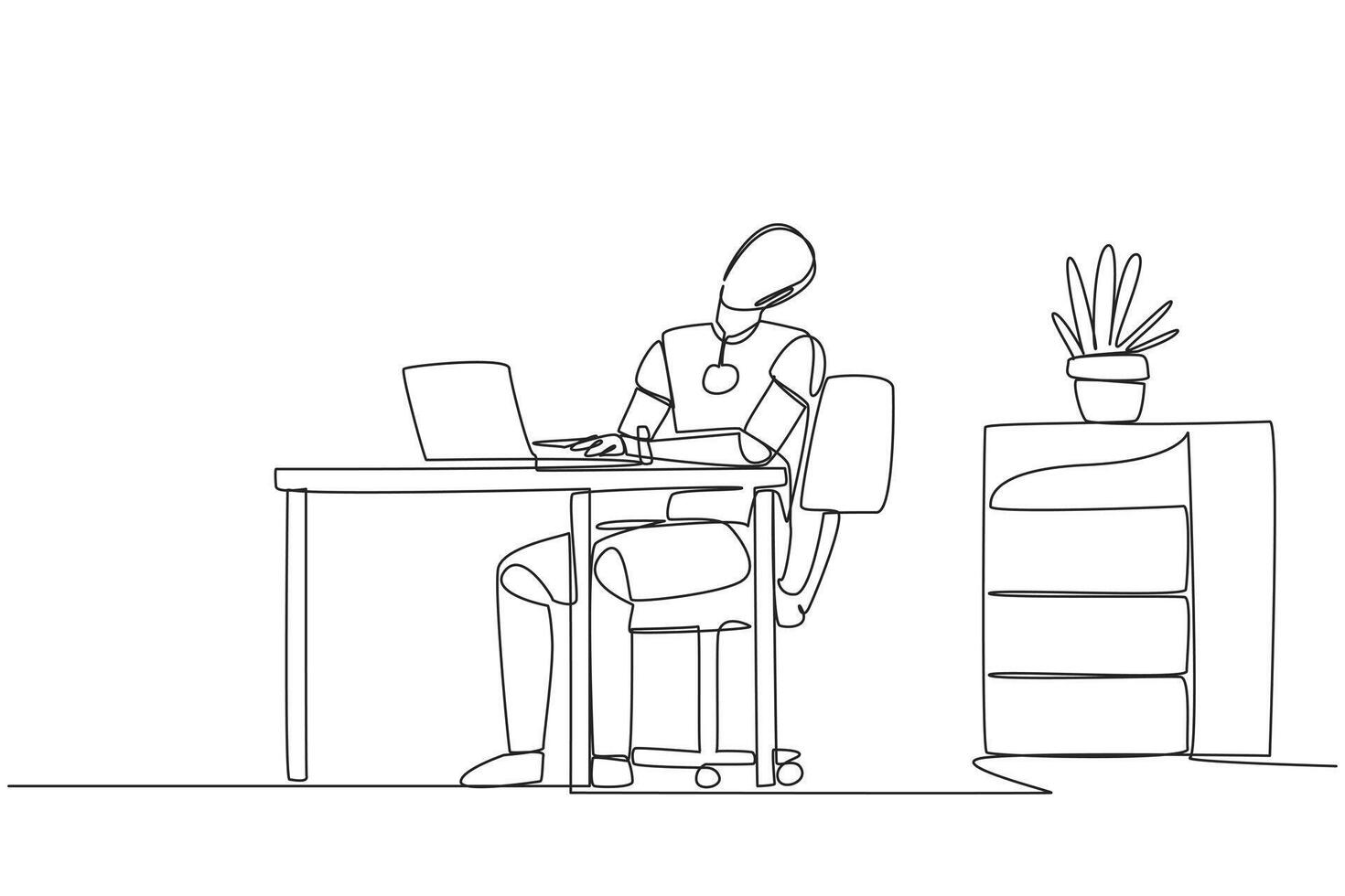 Single continuous line drawing robot sitting in work chair typing on a laptop with his head tilted. Sore. Stiff neck. Programmed similar to humans. Technology. One line design illustration vector