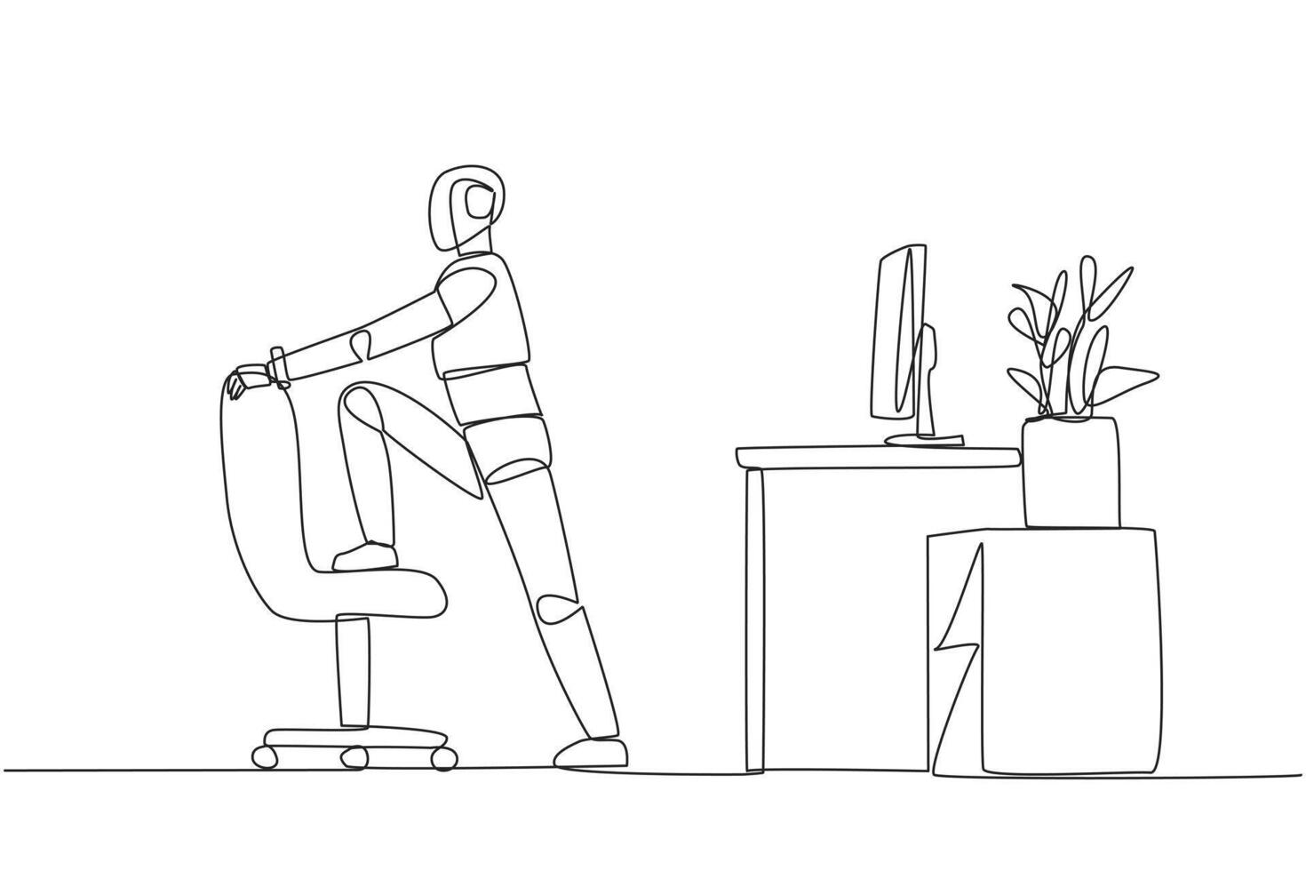 Continuous one line drawing robot stands while lifting one of his legs onto a chair. Robot exercising. Provide online guidance. Artificial intelligence. Single line draw design illustration vector