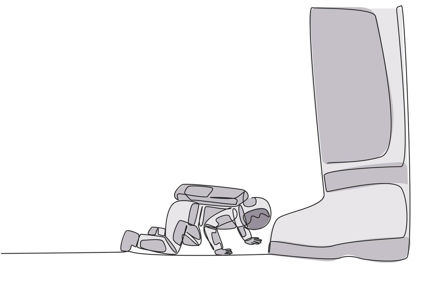 Single continuous line drawing young astronaut kneels and licks giant foot. The attitude of begging desperately to be granted permission for a space expedition. One line design illustration vector