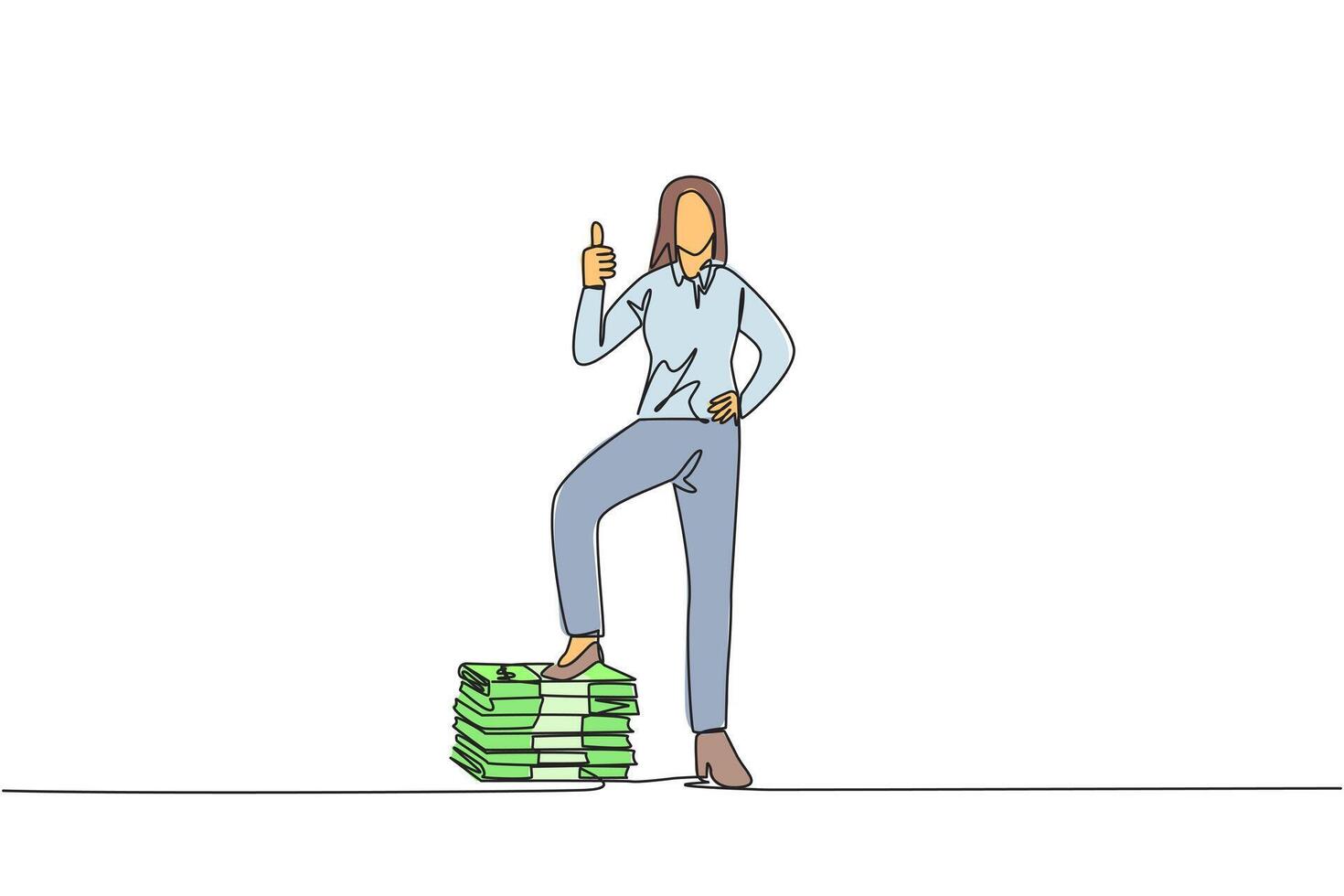 Continuous one line drawing businesswoman stands with thumbs up pose and steps on stack of banknotes. Get a lot of benefits in a short time. Work smart way. Single line draw design illustration vector
