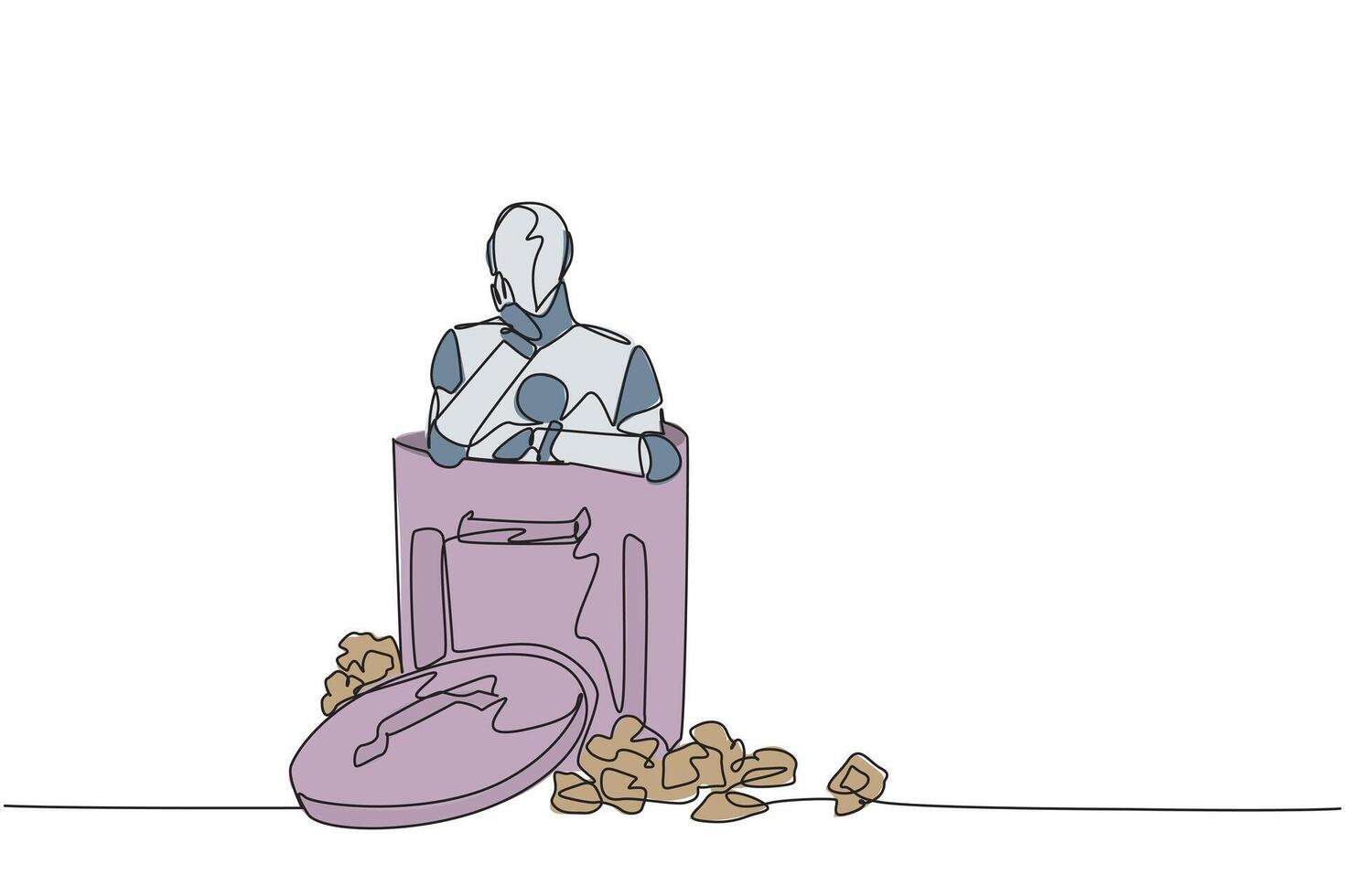 Single one line drawing robot is in the trash. Artificial intelligence is not yet efficient. Unable to detect the danger of fraudulent financial statements. Continuous line design graphic illustration vector