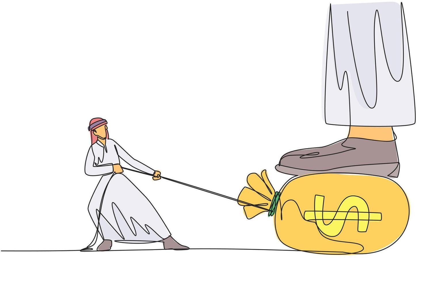 Single one line drawing Arab businessman tries to take money bag stepped on by giant foot. The rope become a tool. Fighting attitude. Get the most profit. Continuous line design graphic illustration vector