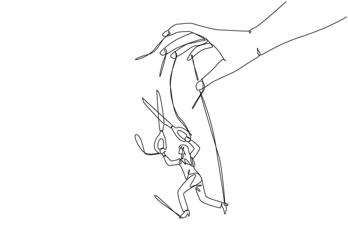 Continuous one line drawing businesswoman walking moved by ropes controlled by giant hands. Cut ropes to escape. Free expression to do business. Freedom. Single line draw design illustration vector