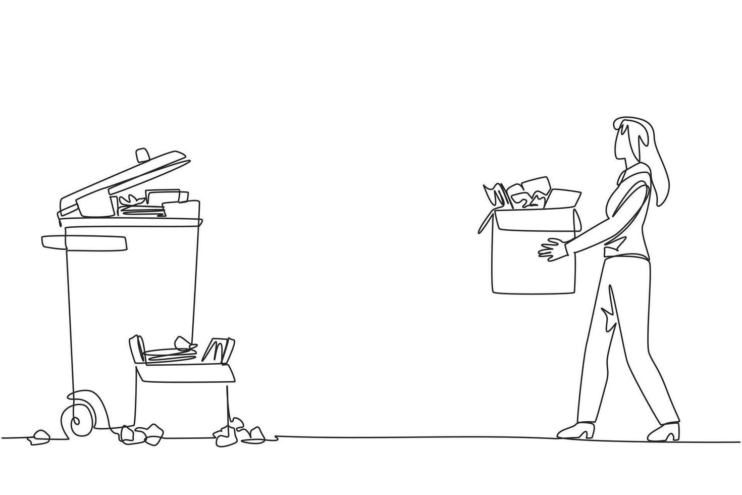 Continuous one line drawing businesswoman carrying a cardboard box full of piles of paper to trash. Throw away piles of incorrect final reports. Revision. Single line draw design illustration vector