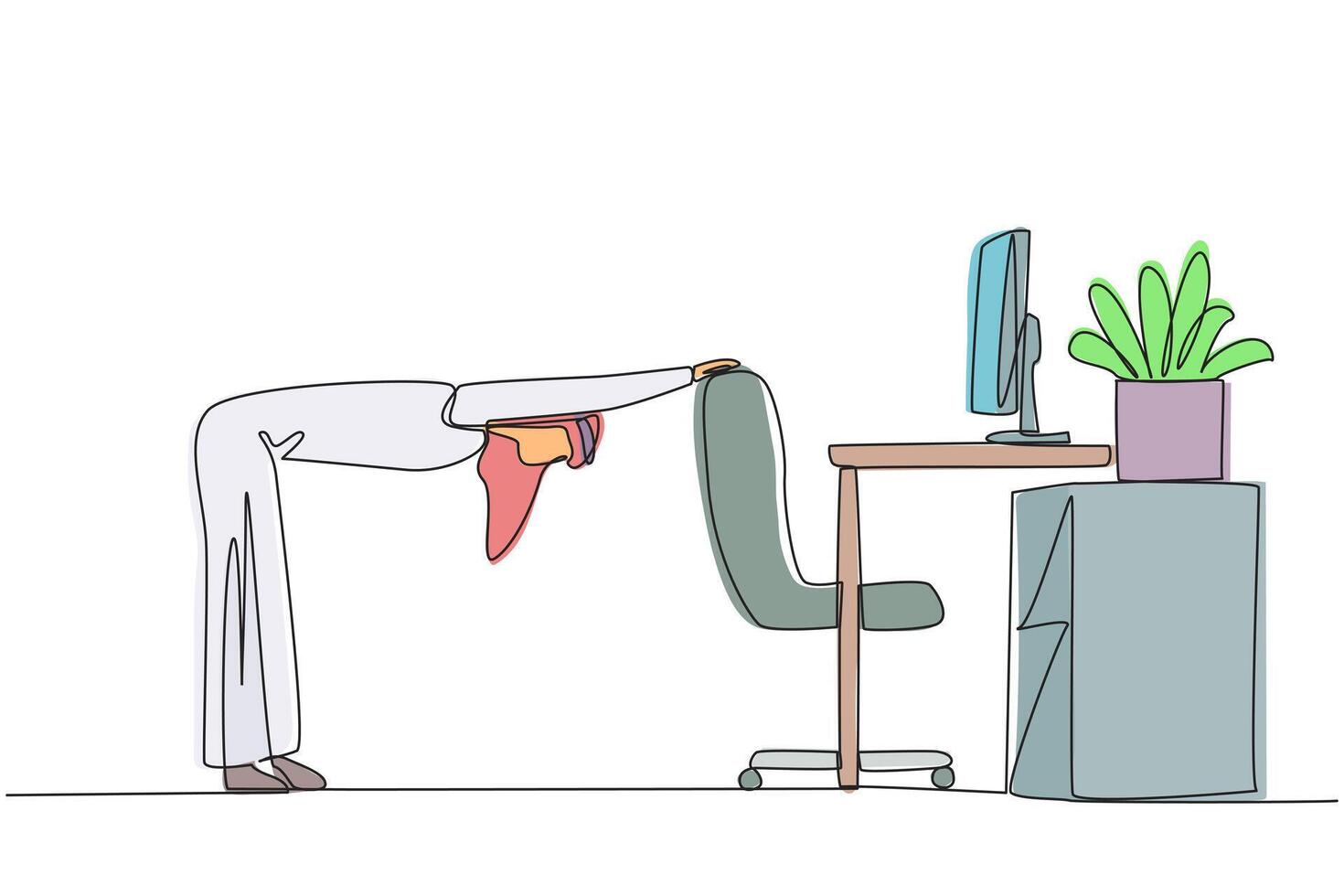 Single one line drawing Arabian man bowed while holding his hand on his work chair. Stretch the body to relieve stiffness. Working overtime on the weekend. Continuous line design graphic illustration vector