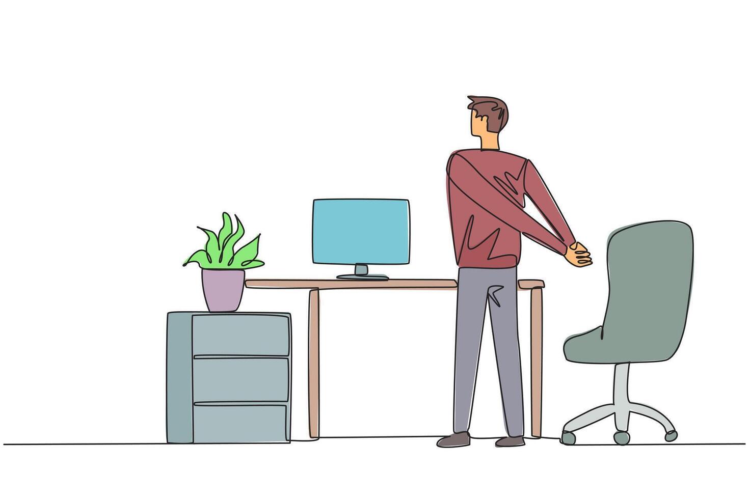 Single continuous line drawing man stands with his hands behind his back. A simple stretch before working overtime on the weekend. Lots of deadlines. Relaxes mind. One line design illustration vector