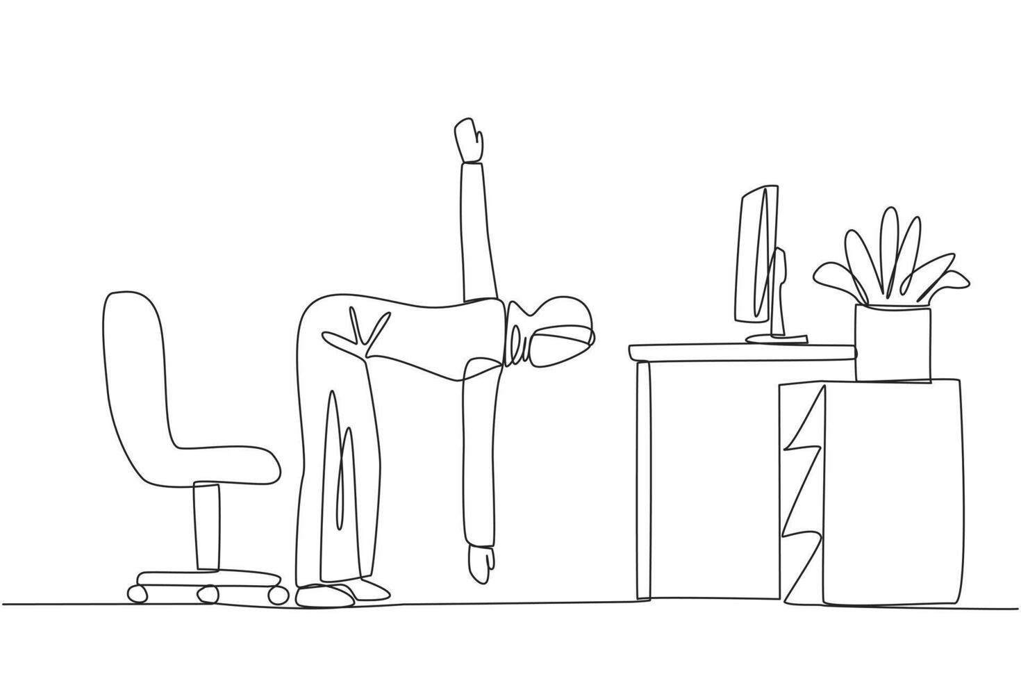 Single one line drawing Arab woman stands with one hand raised the other hand holding tip of leg. Warmup. Exercise while working. Increase focus. Overtime. Continuous line design graphic illustration vector