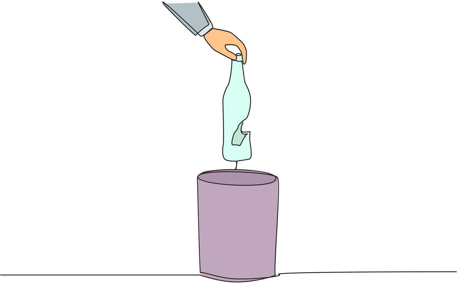 Single one line drawing businessman's hand throwing away a broken bottle. Dangerous. Can be used as sharp weapon. Must be thrown away immediately. Cracked. Continuous line design graphic illustration vector