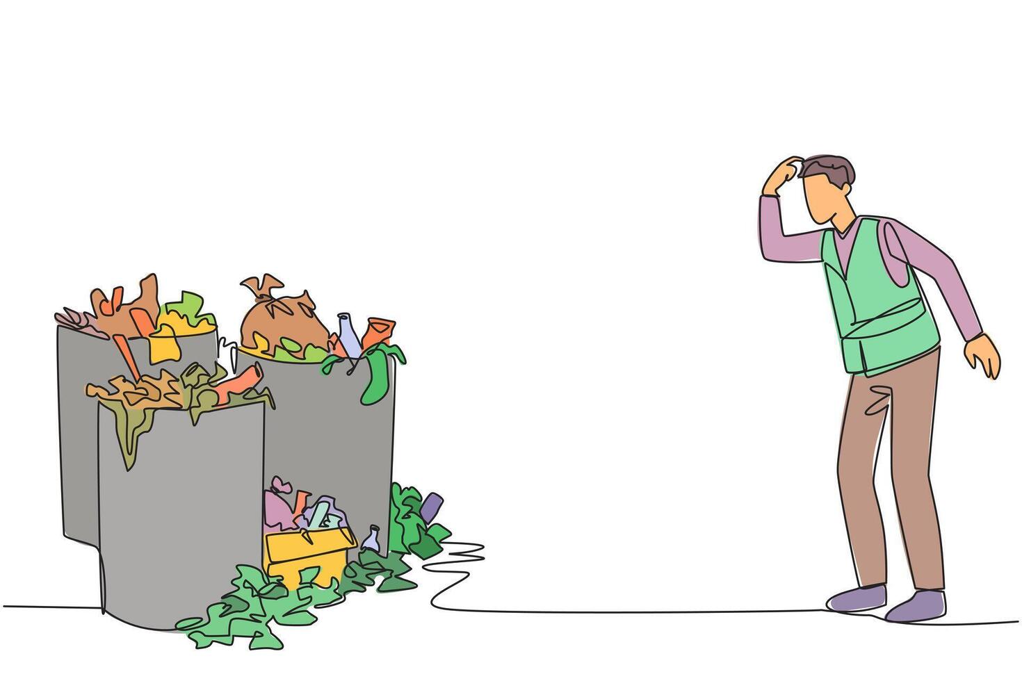 Single one line drawing trash man scratched his head looking at several trash cans full. Unhealthy environment. Must be immediately transported to landfill. Continuous line design graphic illustration vector