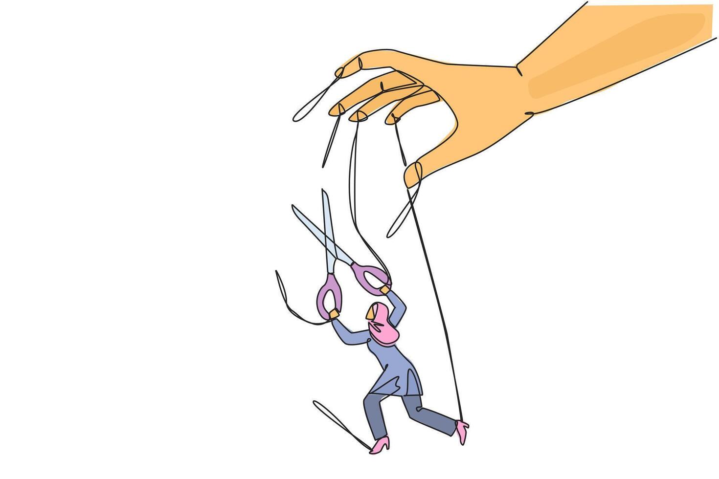 Single one line drawing Arabian businesswoman walking moved by ropes controlled by giant hand. Untangle with scissors. Freedom to move forward for better business. Continuous line graphic illustration vector