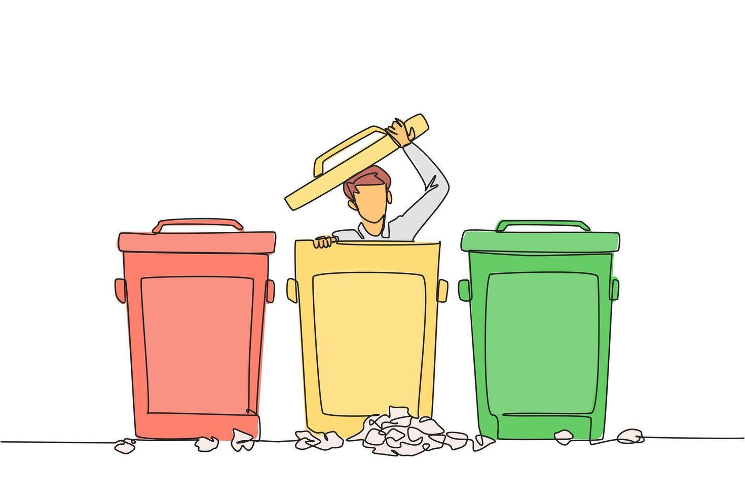 Continuous one line drawing businessman peeking out of trash can, there were lots of wads of paper. Frustration. Disguise so that whereabouts are not known. Single line draw design illustration vector